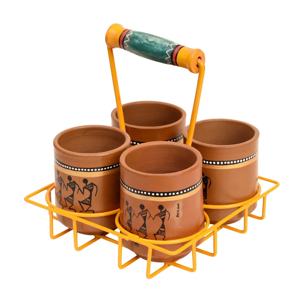 Ram Piyari Kullad Set (SO4) in Yellow Handpainted Metal Stand (6.7x6.7x7.5) 