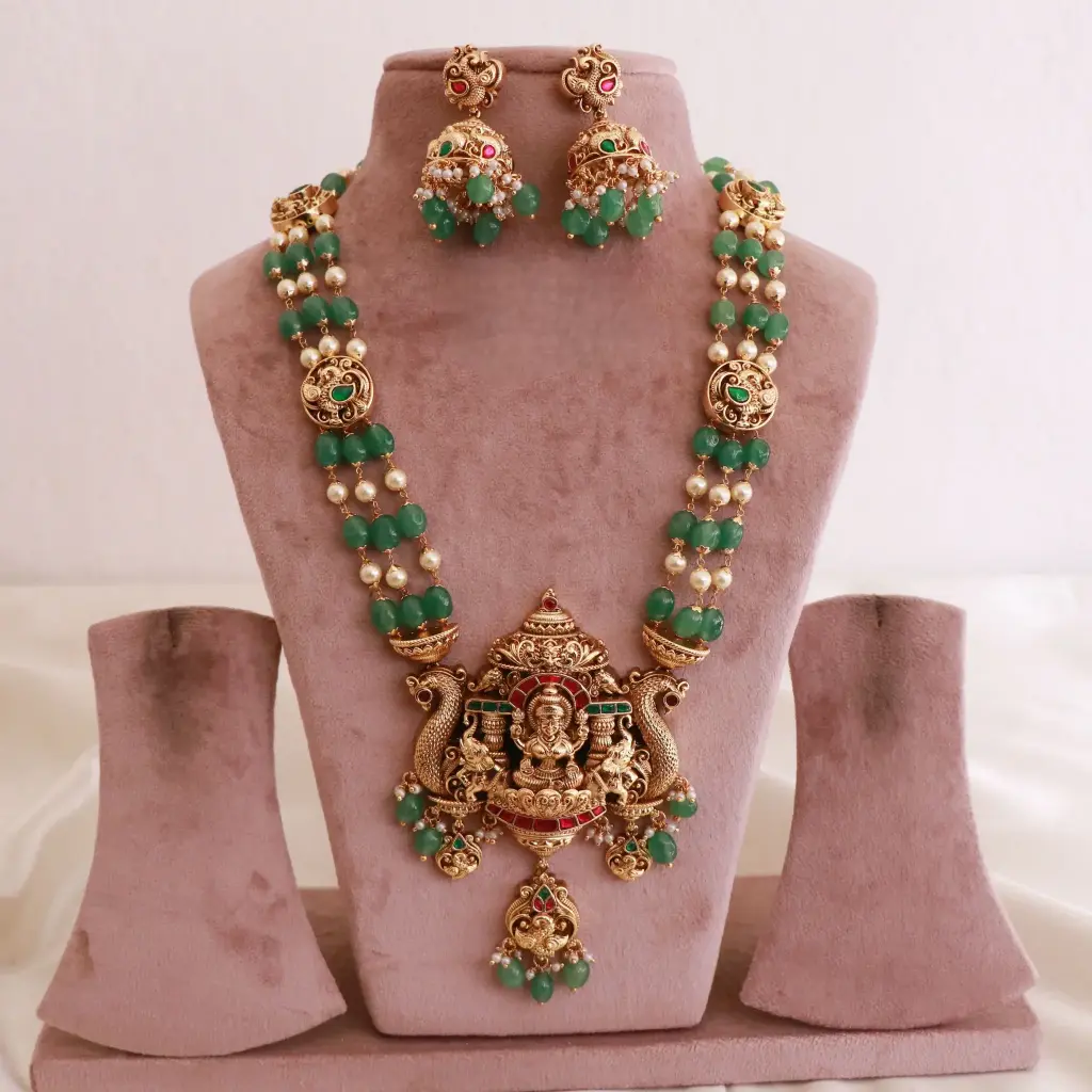 Pretty Emerald Pearl Beads Lakshmi Jadau Mid-Length Haaram – Grace with Heritage Charm