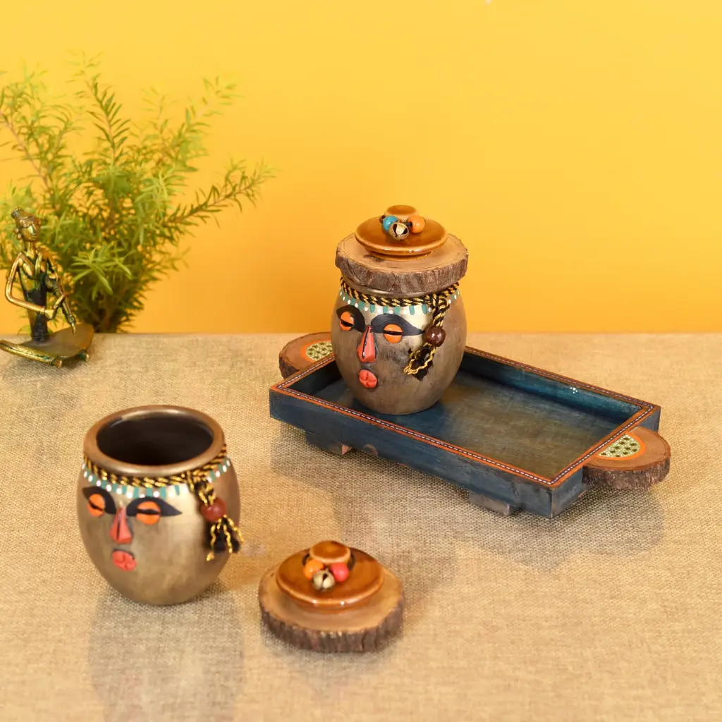 Happy Tribals Storage Jars with Handcrafted Tray – S03 | Whimsical Utility Meets Artisanal Charm