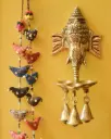 Brass Elephant Face Wall Hanging with Diya Holders and Bells