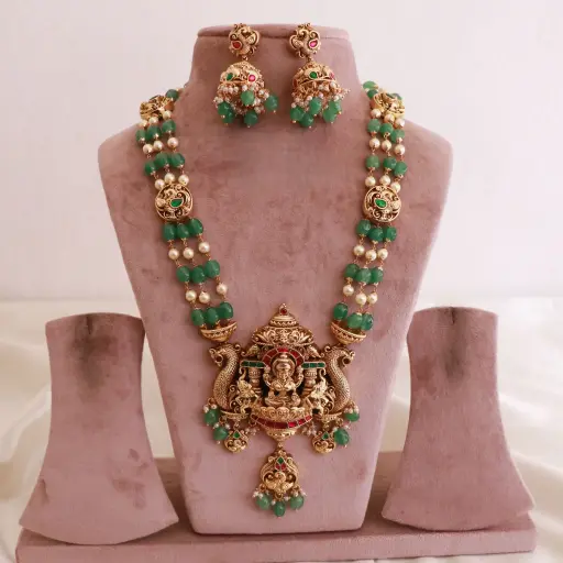 Pretty Emerald Pearl Beads Lakshmi Jadau Mid-Length Haaram – Grace with Heritage Charm