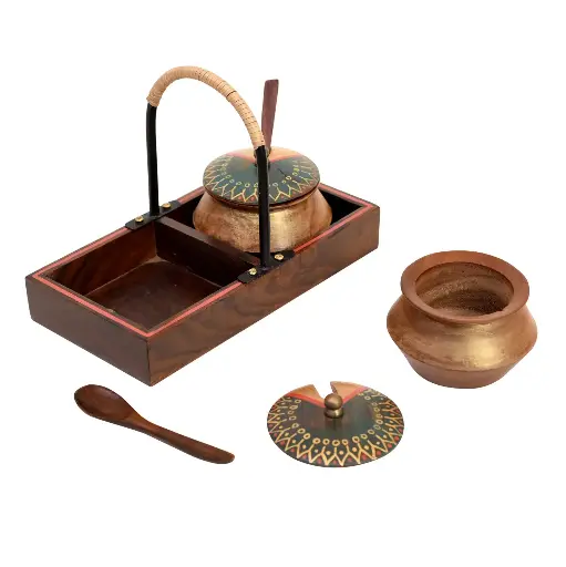 Wooden Handi Set with Stylish Metal Handle Tray – Rustic Elegance for Serving & Décor