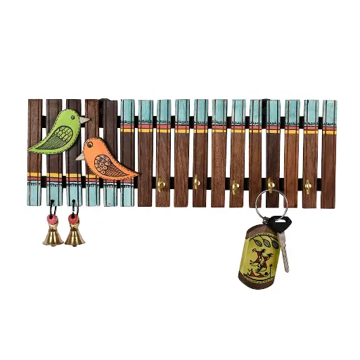 Handcrafted Tribal Art Wooden Key Holder with Bird Motif
