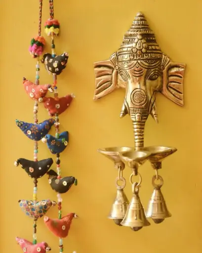 Brass Elephant Face Wall Hanging with Diya Holders and Bells