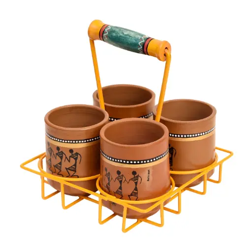 Ram Piyari Kullad Set (SO4) in Yellow Handpainted Metal Stand (6.7x6.7x7.5) 